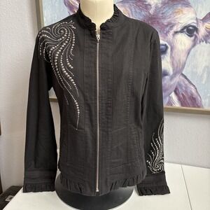 Christine Alexander Women's S Black Studded Rhinestone Ruffle Full Zip Jacket‎